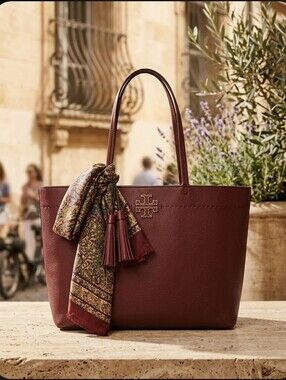 Tory Burch Wine Red Leather Tote with Tassel Scarf Very Clean None Pet Or Smoke